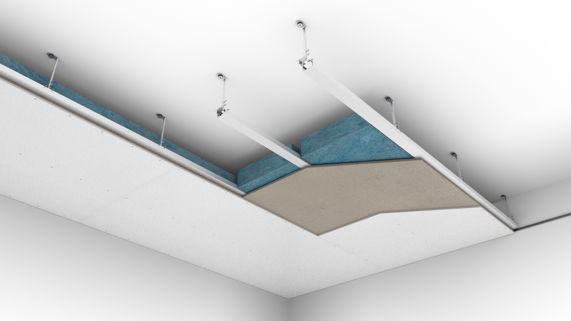 Faire un faux plafond acoustique avec des panneaux fixés sur des suspentes antivibratoires