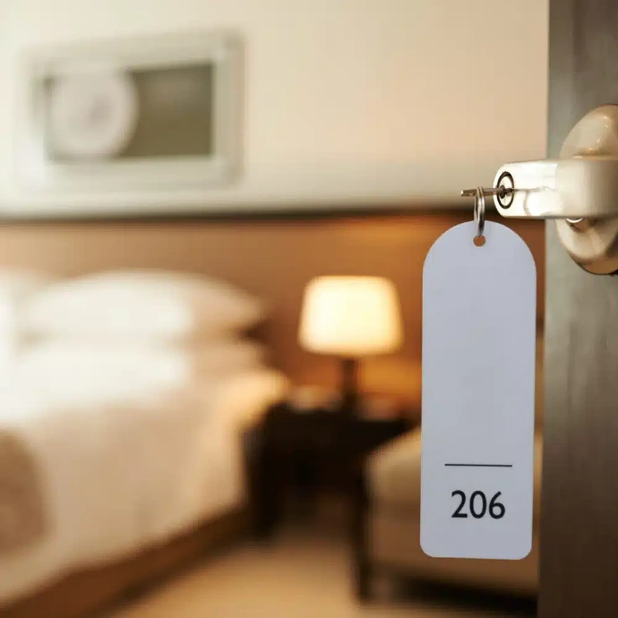 Ouverture de la porte d'une chambre d'hôtel avec la clé dans la serrure